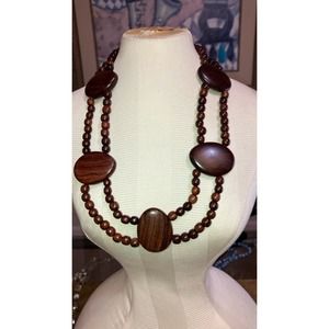Avalaya Statement Coin Double Strand Wood Bead Necklace
